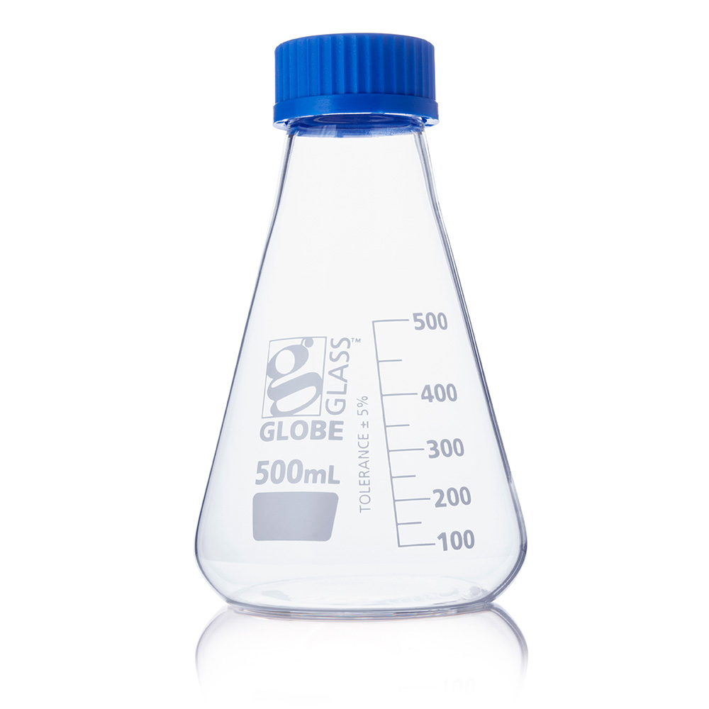 Globe Scientific Flask, Erlenmeyer, Globe Glass, 500mL, Screw Cap, Dual Graduations, ASTM E1404, 6/Box Image